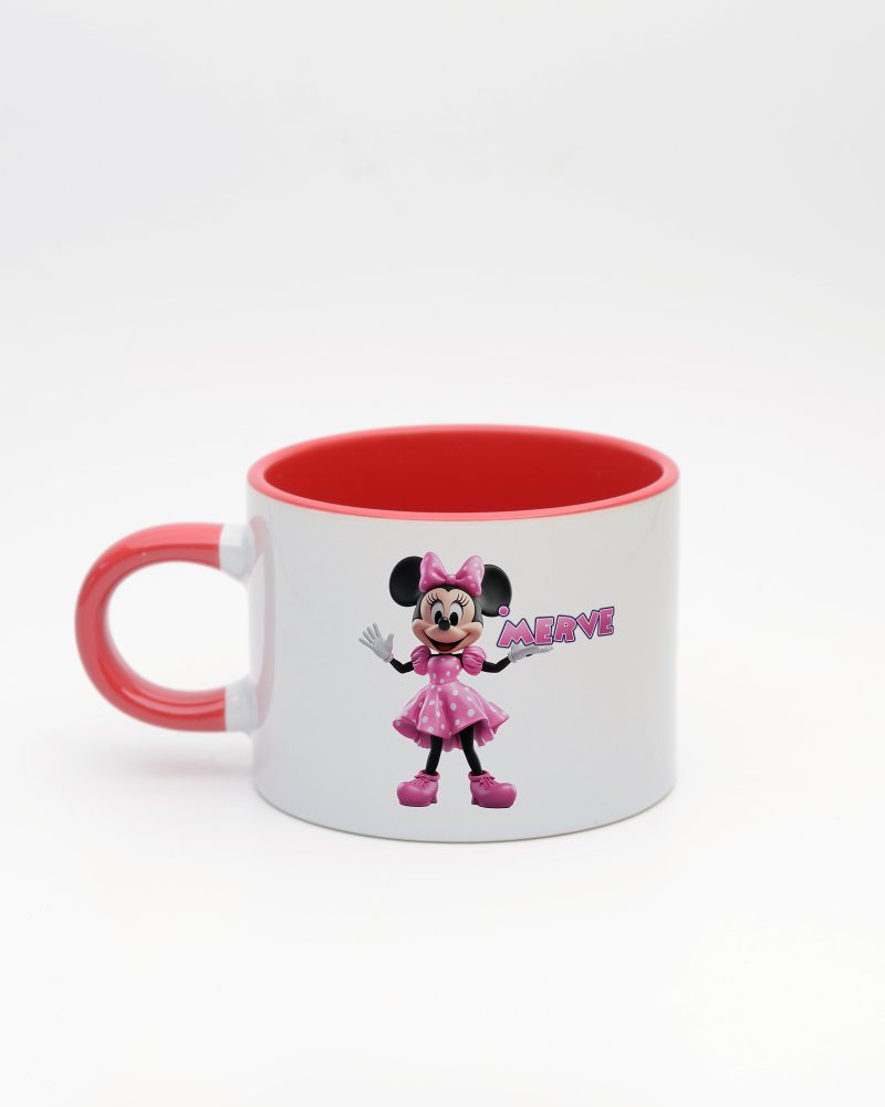 Kırmızı kulplu ve içi kırmızı İsme Özel Minnie Mouse Fincan, arka yüz