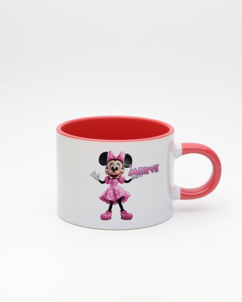 Kırmızı kulplu ve içi kırmızı İsme Özel Minnie Mouse Fincan, ön yüz
