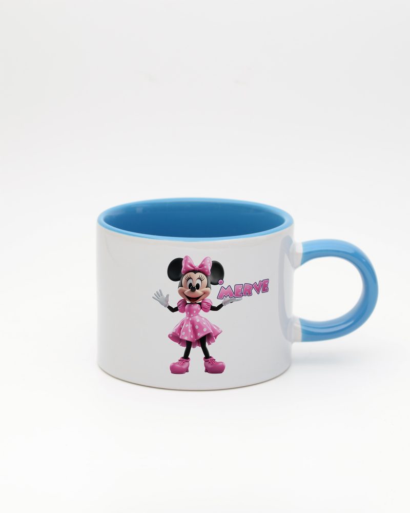 Mavi kulplu ve içi mavi İsme Özel Minnie Mouse Fincan, ön yüz