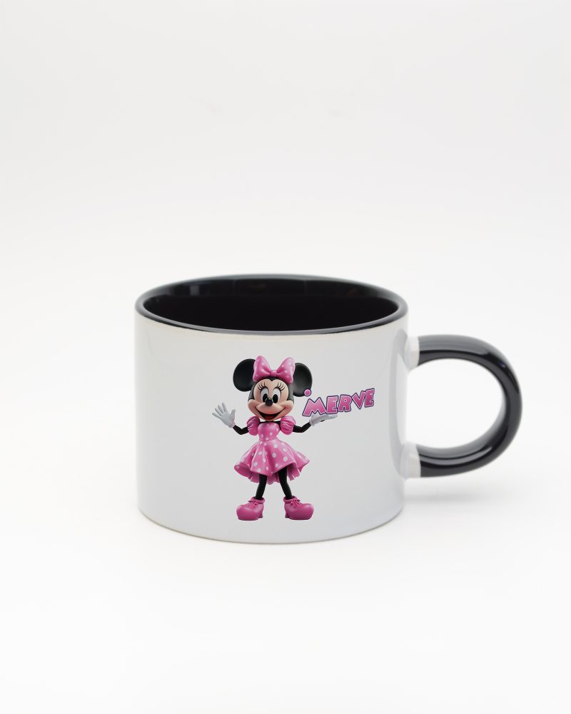 Siyah kulplu ve içi siyah İsme Özel Minnie Mouse Fincan, ön yüz