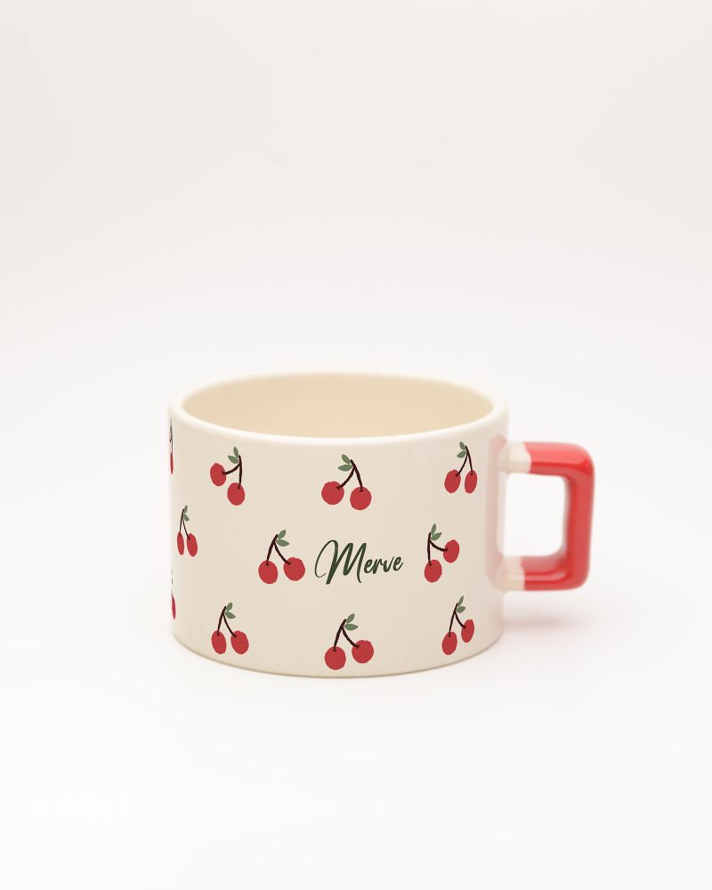 Kırmızı kulplu Kiraz Desenli Fincan, ön yüz