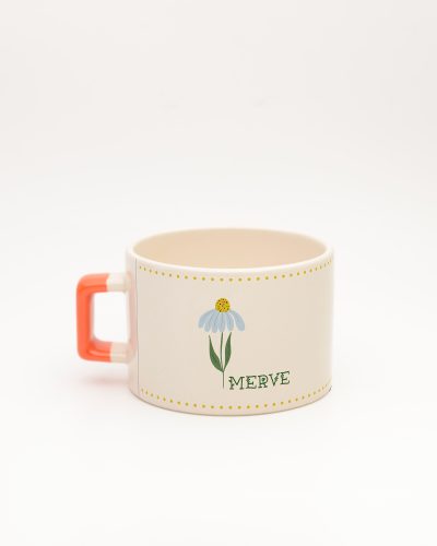 Turuncu kulplu Minimal Çiçek Desenli Fincan, arka yüz