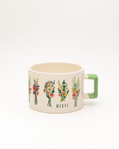 Açık Yeşil kulplu Buket Desenli İsimli Fincan, ön yüz