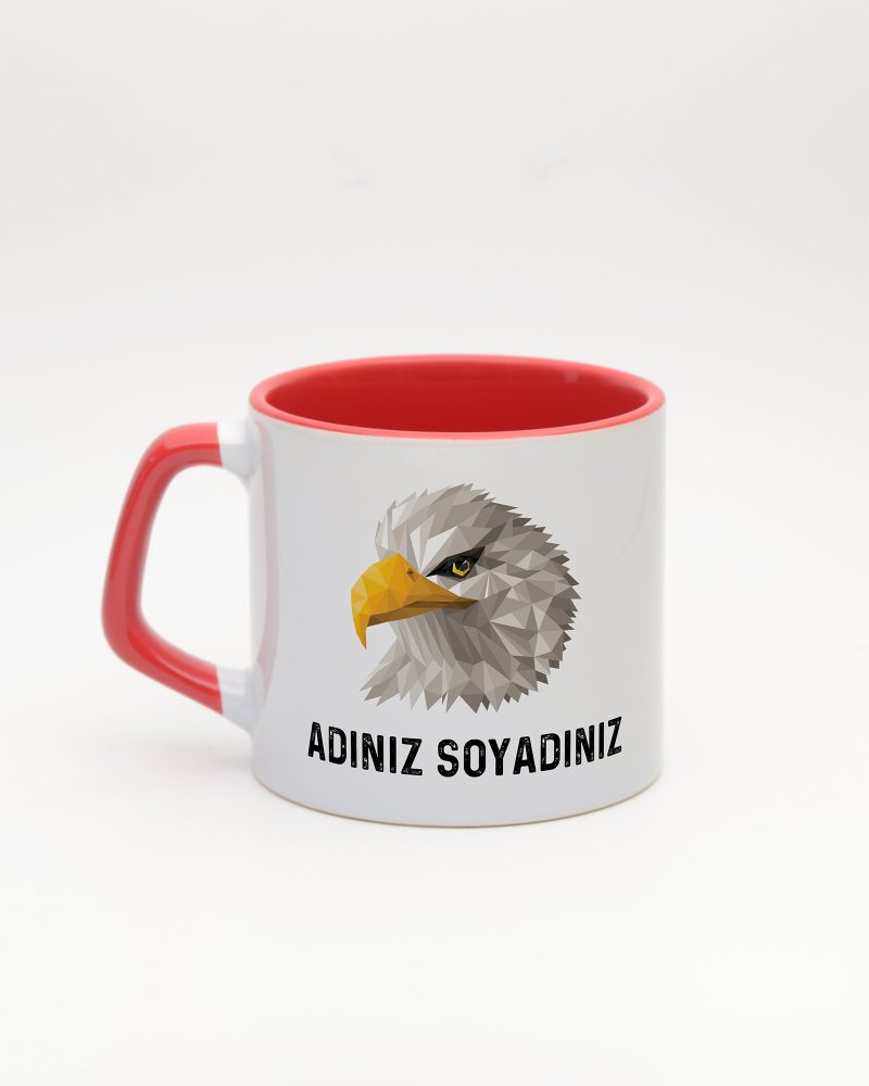 Kırmızı kulplu ve içi kırmızı Kartal Temalı İsimli Moka Kupa, arka yüz