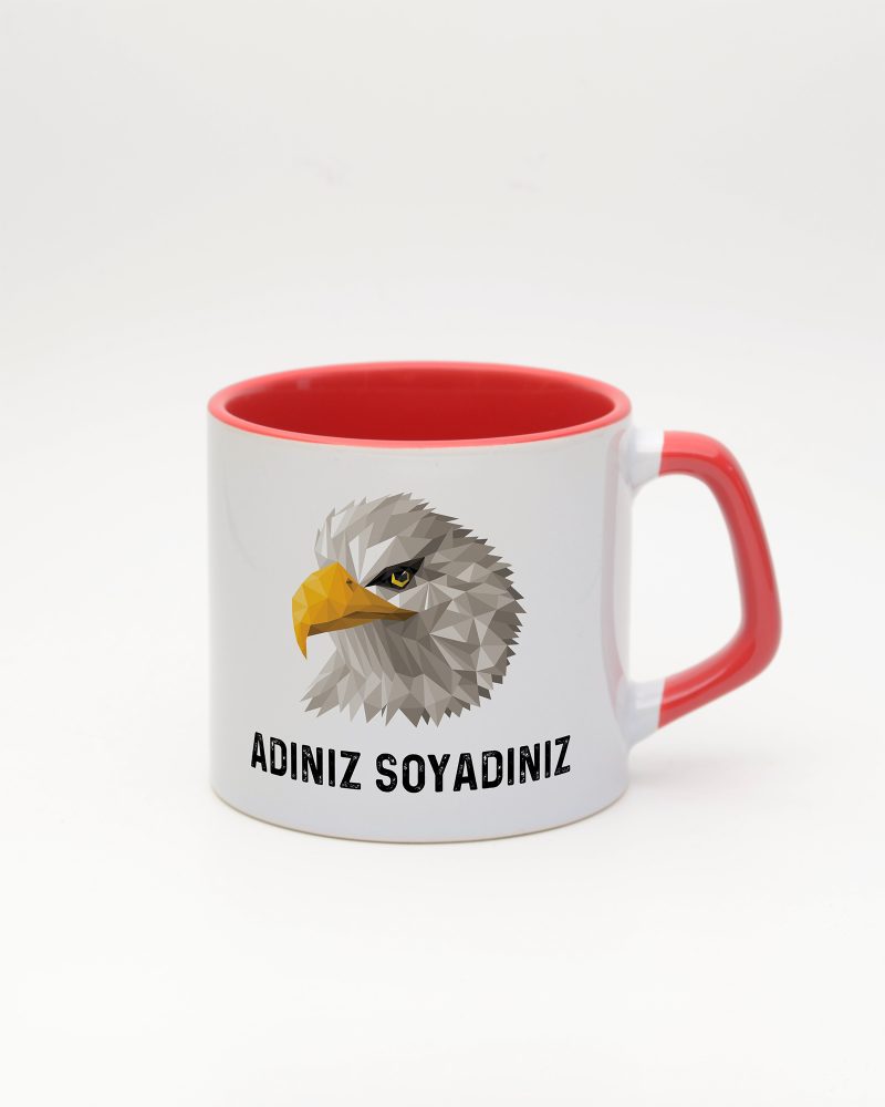 Kırmızı kulplu ve içi kırmızı Kartal Temalı İsimli Moka Kupa, ön yüz
