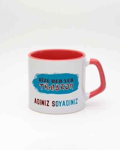 Kırmızı kulplu ve içi kırmızı Bordo Mavi İsimli Moka Kupa, ön yüz
