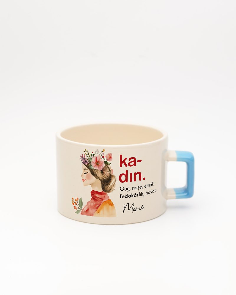 Mavi kulplu Kadın Kelime Fincan 2, ön yüz