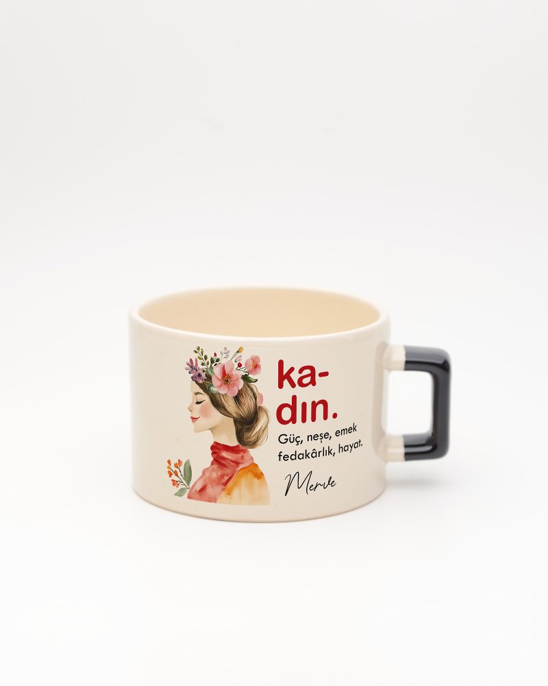 Siyah kulplu Kadın Kelime Fincan 2, ön yüz