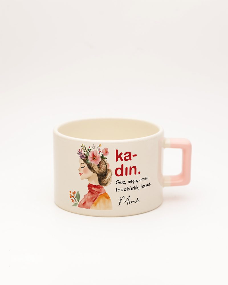 Toz Pembe kulplu Kadın Kelime Fincan 2, ön yüz