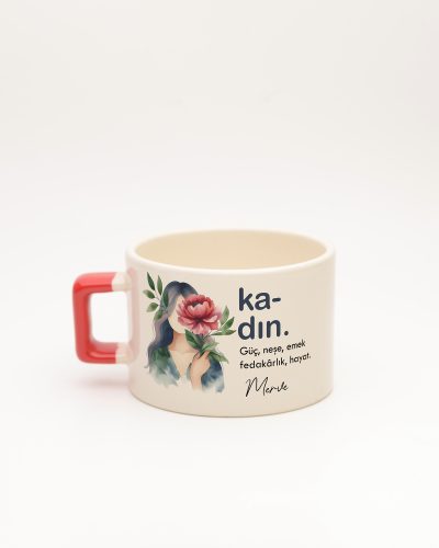 Kırmızı kulplu Kadın Kelime Fincan, arka yüz