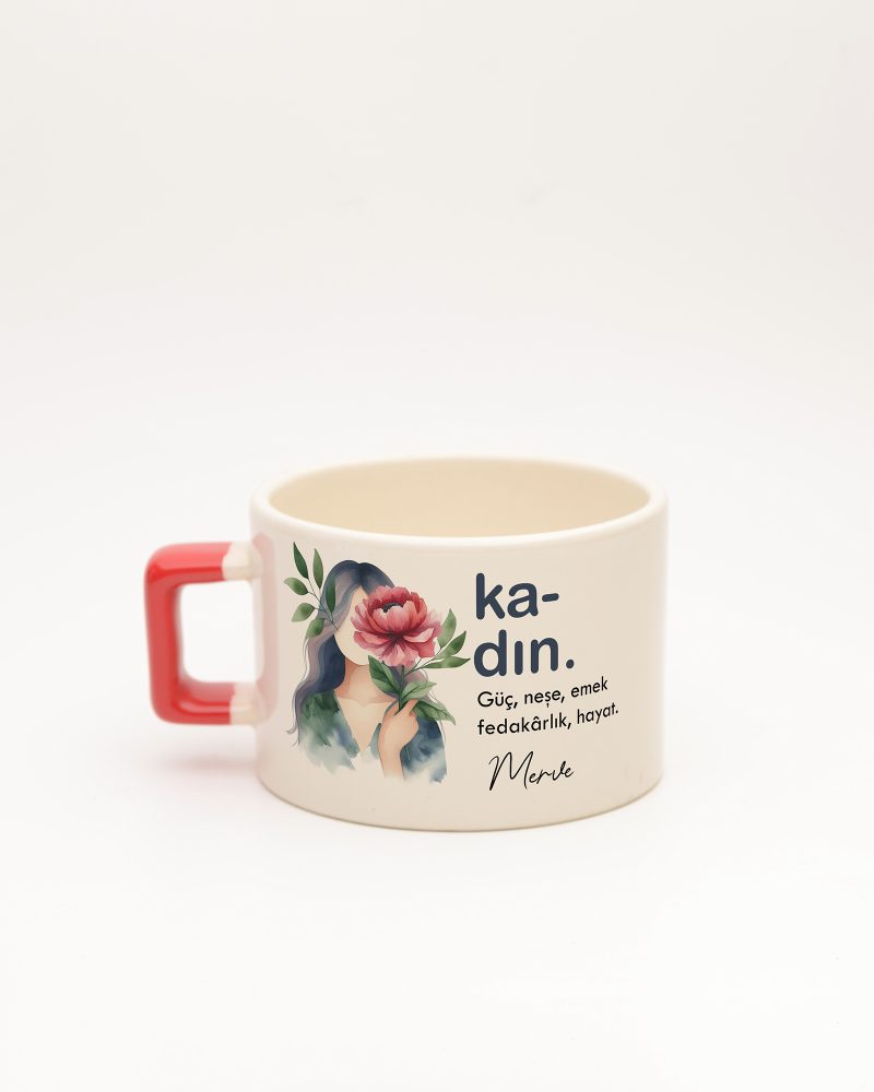 Kırmızı kulplu Kadın Kelime Fincan, arka yüz