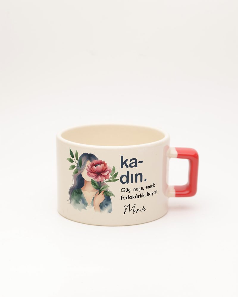 Kırmızı kulplu Kadın Kelime Fincan, ön yüz