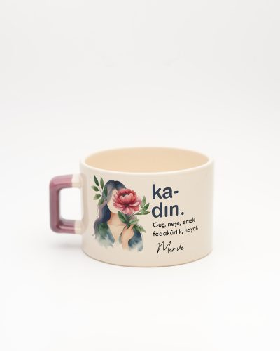 Mor kulplu Kadın Kelime Fincan, arka yüz