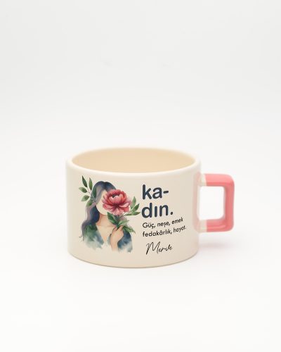 Pembe kulplu Kadın Kelime Fincan, ön yüz