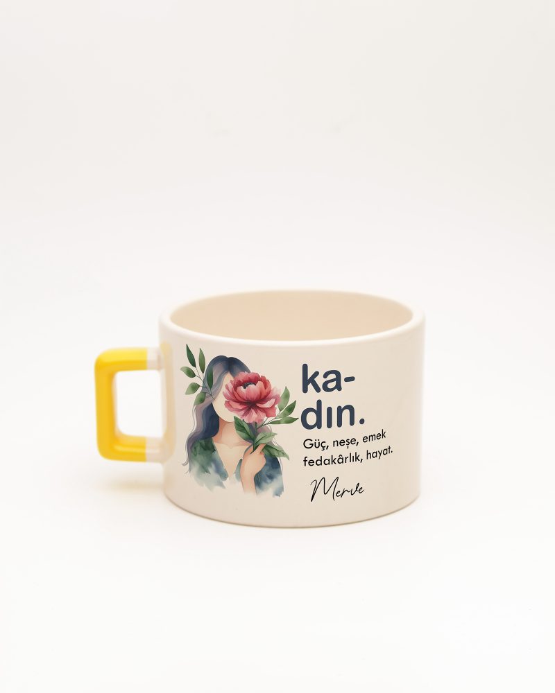 Sarı kulplu Kadın Kelime Fincan, arka yüz