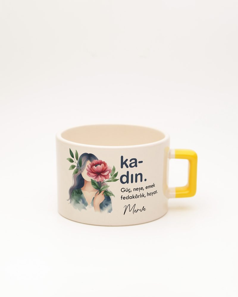 Sarı kulplu Kadın Kelime Fincan, ön yüz