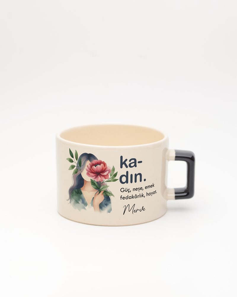 Siyah kulplu Kadın Kelime Fincan, ön yüz