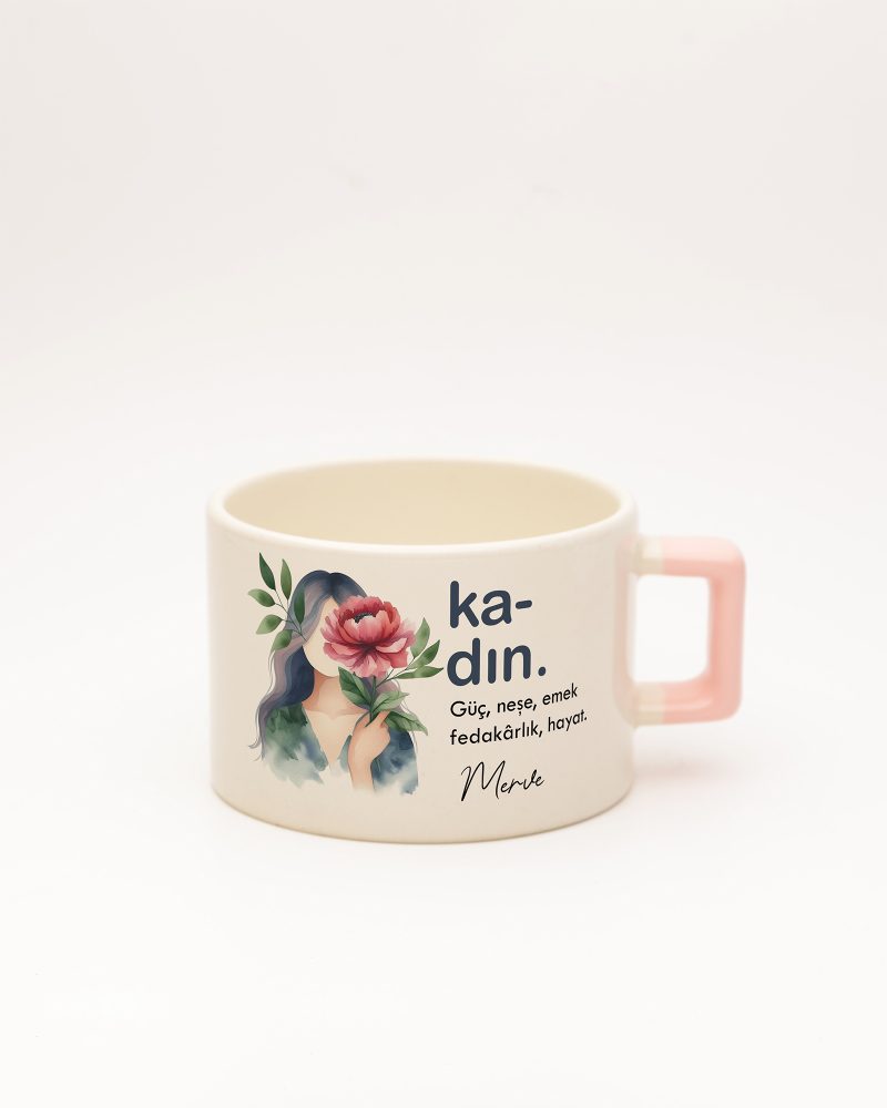Toz Pembe kulplu Kadın Kelime Fincan, ön yüz