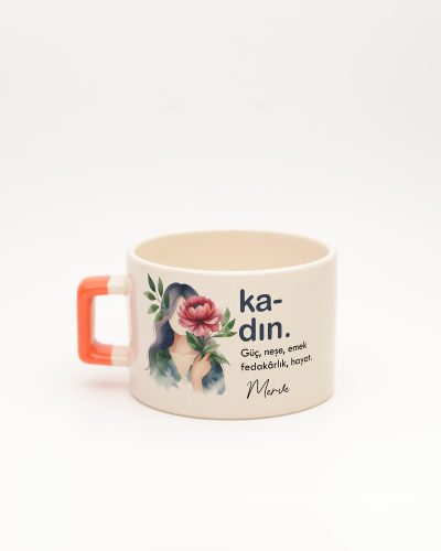 Turuncu kulplu Kadın Kelime Fincan, arka yüz