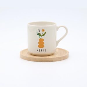 Yuvarlak Ahşap Tabaklı Vazo Desenli İsimli Fincan