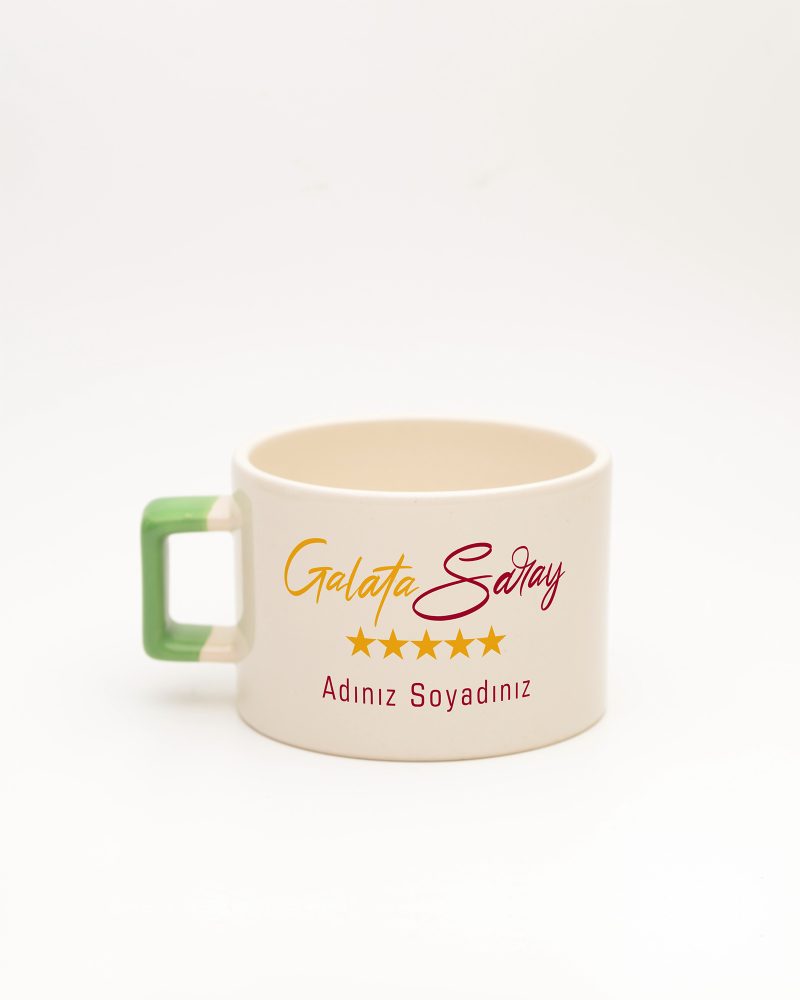 Açık Yeşil kulplu Sarı Kırmızı Takım Temalı İsimli Fincan, arka yüz