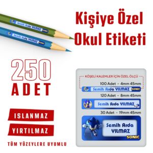 Sonic Temalı Kişiye Özel Okul Etiketi