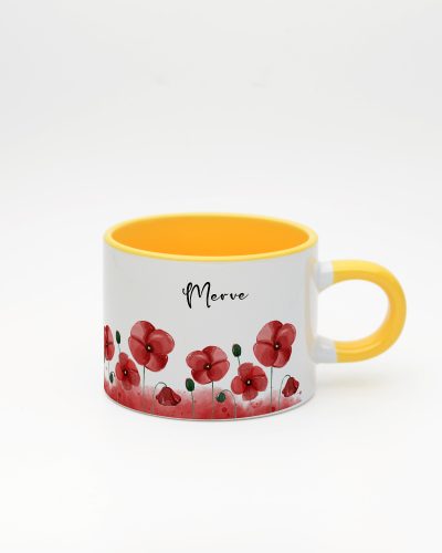 Sarı kulplu ve içi sarı Gelincikli İsimli Sweet Fincan, ön yüz