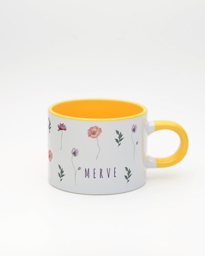 Sarı kulplu ve içi sarı Minimal Çiçekli İsimli Sweet Fincan, ön yüz