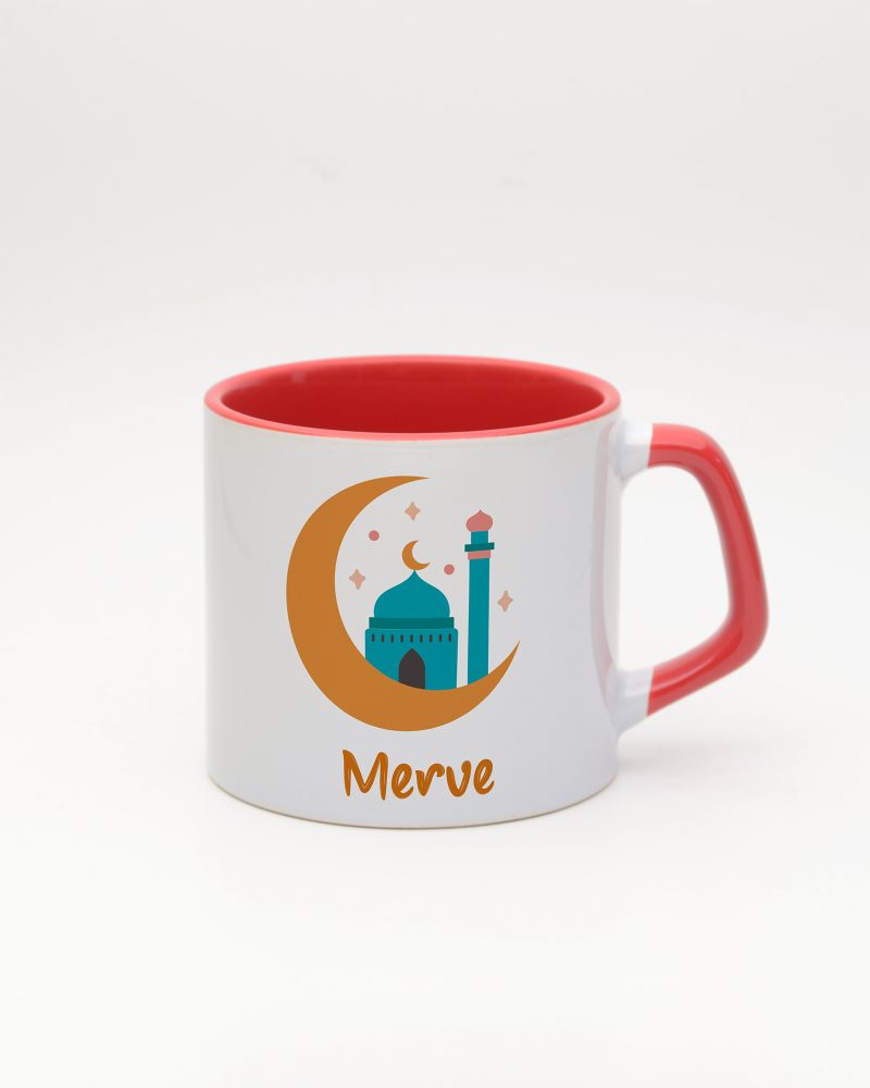 Kırmızı kulplu ve içi kırmızı Ramazan Modu Moka Kupa, ön yüz