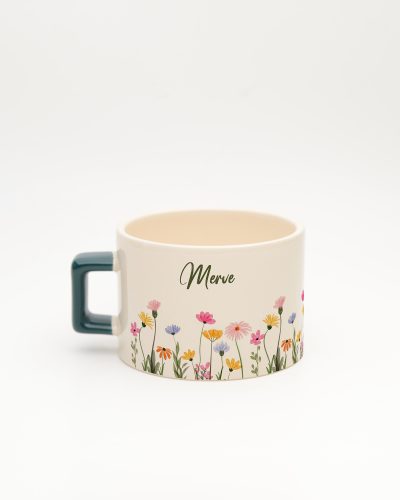Koyu Yeşil kulplu Çiçek Bahçesi İsimli Karekulp Fincan, arka yüz