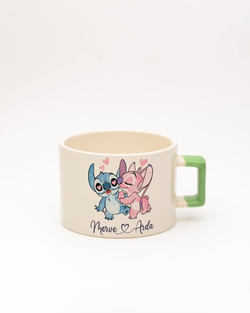 Açık Yeşil kulplu Stitch & Angel İsimli Fincan, ön yüz