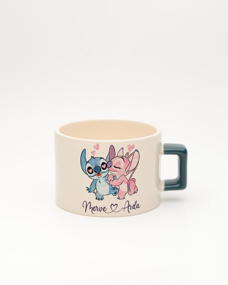 Koyu Yeşil kulplu Stitch & Angel İsimli Fincan, ön yüz