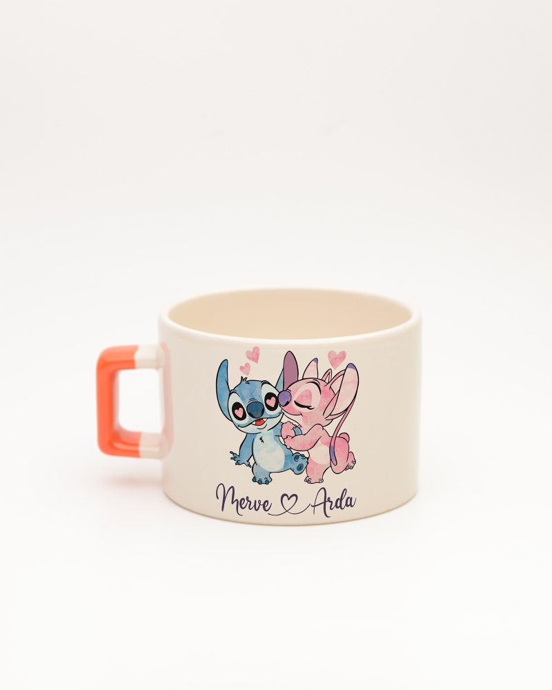 Turuncu kulplu Stitch & Angel İsimli Fincan, arka yüz