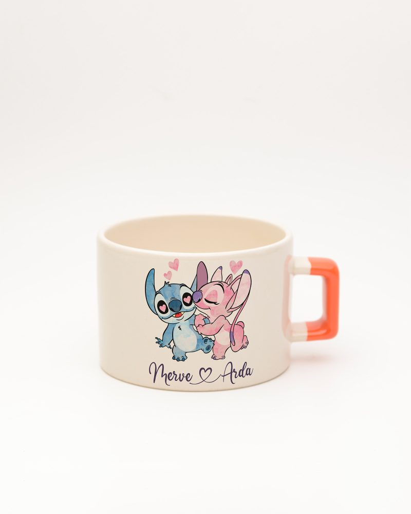 Turuncu kulplu Stitch & Angel İsimli Fincan, ön yüz