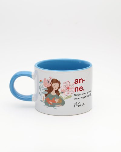 Mavi kulplu ve içi mavi Anne Kelime Sweet Fincan v1, arka yüz