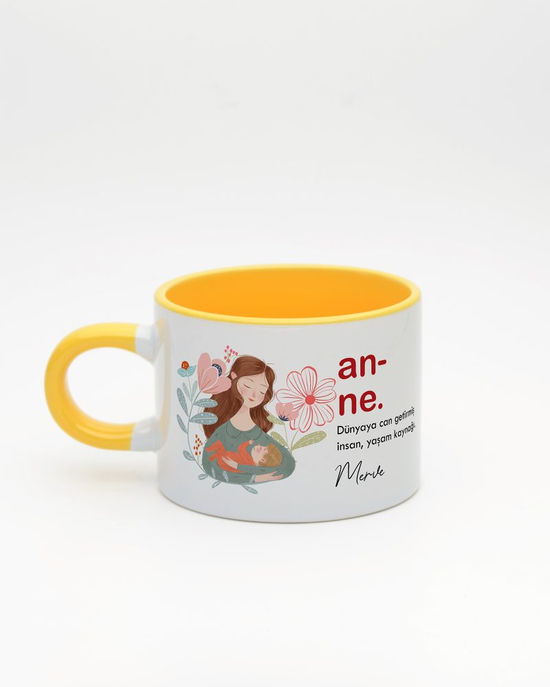 Sarı kulplu ve içi sarı Anne Kelime Sweet Fincan v1, arka yüz
