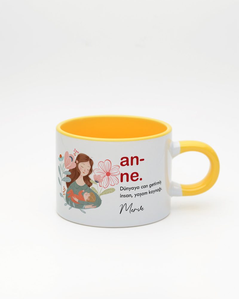 Sarı kulplu ve içi sarı Anne Kelime Sweet Fincan v1, ön yüz