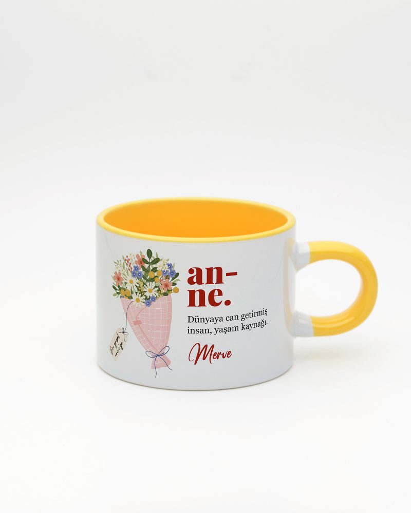 Sarı kulplu ve içi sarı Anne Kelime Sweet Fincan v2, ön yüz