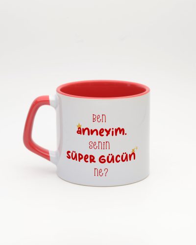 Kırmızı kulplu ve içi kırmızı Super Mom İsimli Moka Kupa, arka yüz