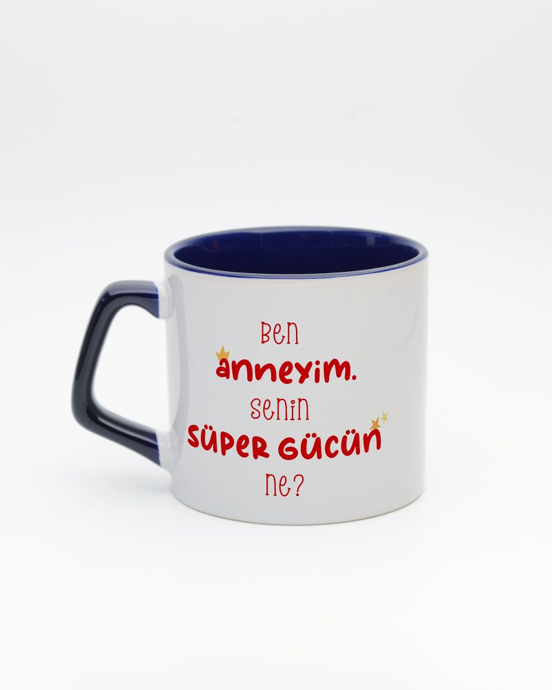 Lacivert kulplu ve içi lacivert Super Mom İsimli Moka Kupa, arka yüz