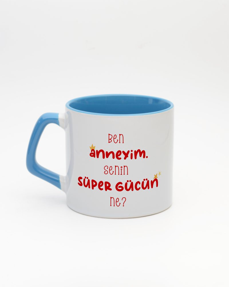 Mavi kulplu ve içi mavi Super Mom İsimli Moka Kupa, arka yüz