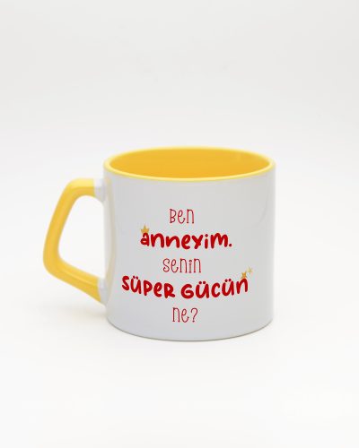 Sarı kulplu ve içi sarı Super Mom İsimli Moka Kupa, arka yüz