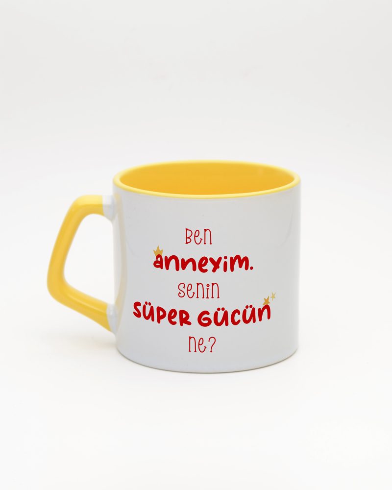 Sarı kulplu ve içi sarı Super Mom İsimli Moka Kupa, arka yüz