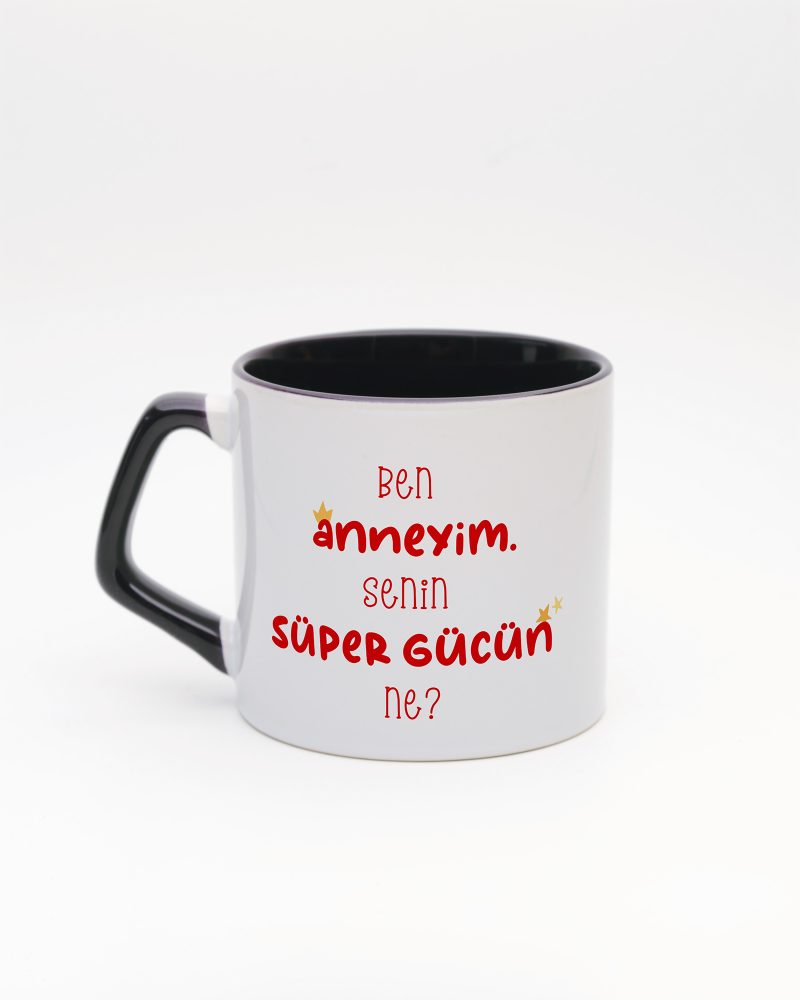 Siyah kulplu ve içi siyah Super Mom İsimli Moka Kupa, arka yüz