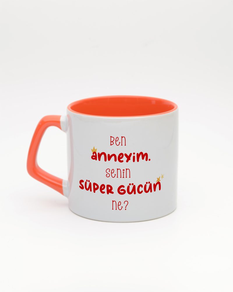 Turuncu kulplu ve içi turuncu Super Mom İsimli Moka Kupa, arka yüz