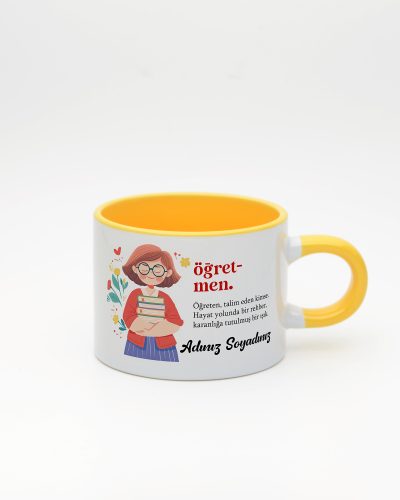 Sarı kulplu ve içi sarı Öğretmen İsimli Kelime Sweet Fincan v1, ön yüz