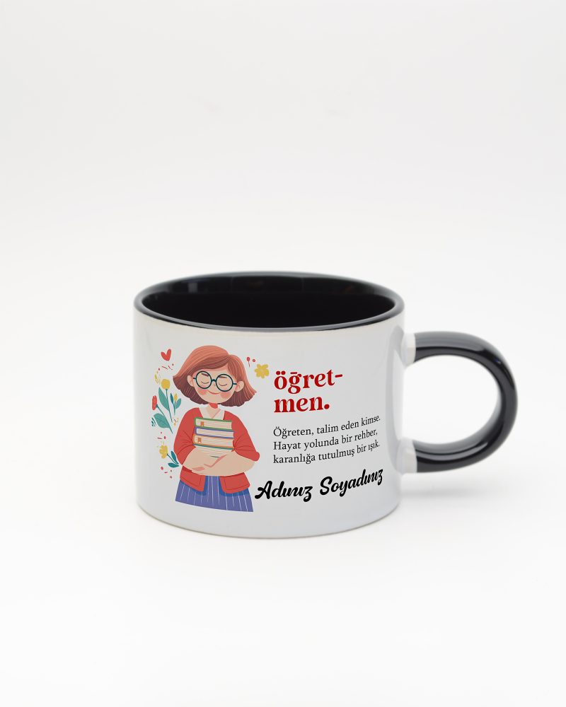 Siyah kulplu ve içi siyah Öğretmen İsimli Kelime Sweet Fincan v1, ön yüz