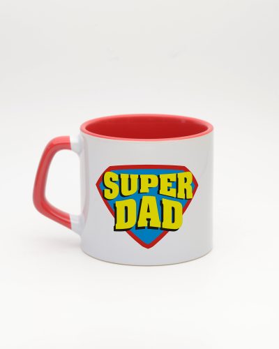 Kırmızı kulplu ve içi kırmızı Super Dad İsimli Moka Kupa, arka yüz